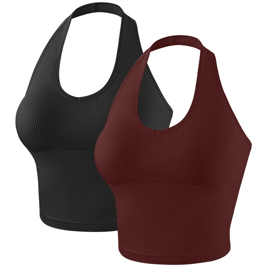 Eleplus 2 Pieces V Neck Halter Crop Tanks Tops for Women Backless Going Out Tops Workout Sport Bra Pack of 2